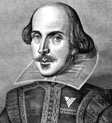 black and white drawing of william shakespeare with the VOA logo drawn on his shirt