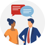 graphic icon of two people with speech bubbles, talking to each other