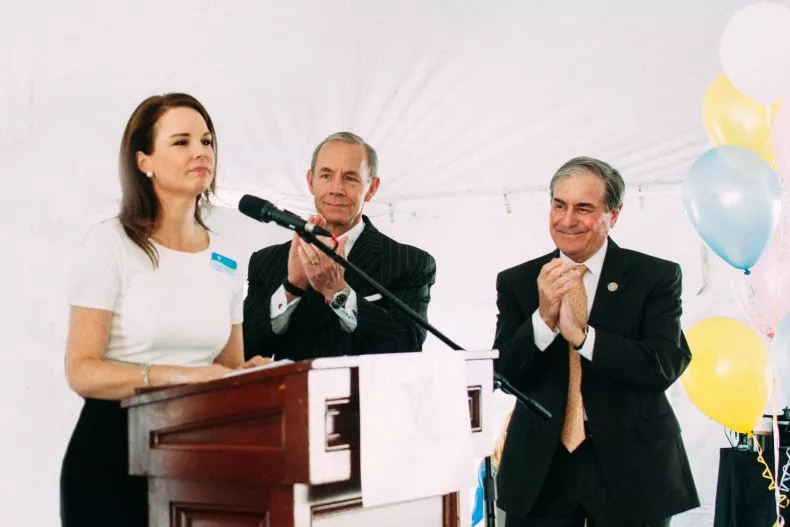 Jennifer is pictured speaking at an event marking the expansion at Freedom House. Pictured L-R: Jennifer, former PNC Bank CEO Chuck Denny and former Congressman John Yarmuth.